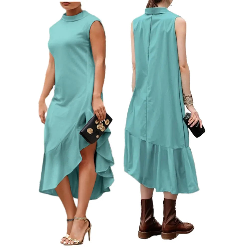 Modigirl Summer Loose Sleeveless Split-Side Shawl Collar Dress New Formal Solid Color Maxi Dresses For Urban Lady plus size
