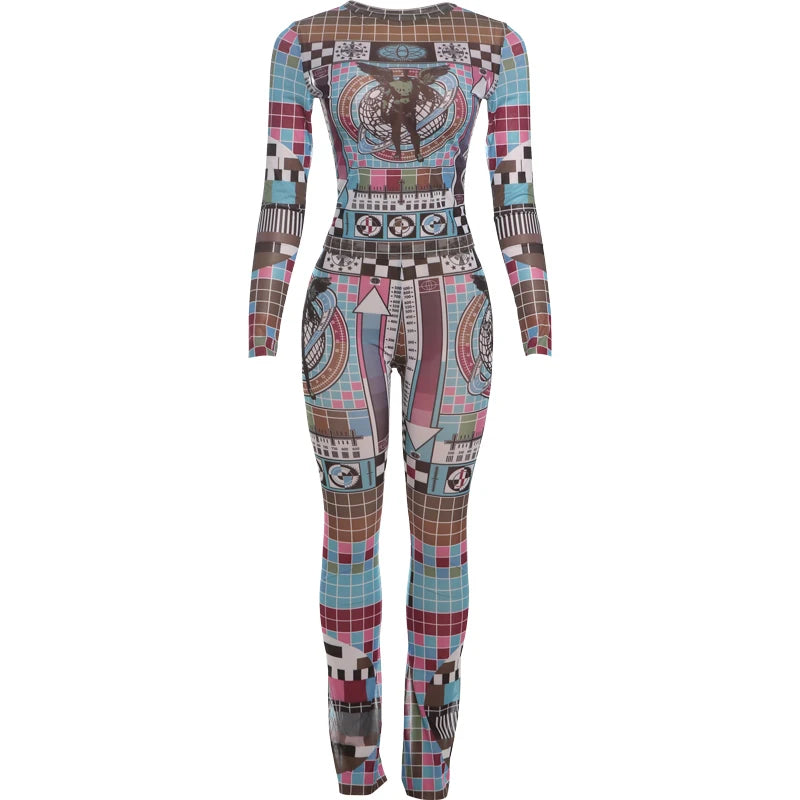 Weird Puss Pixel Print Women 2 Piece Set Tracksuit Colorful Full Sleeve Crop Tops+Leggings Stretch Matching Streetwear Outfits