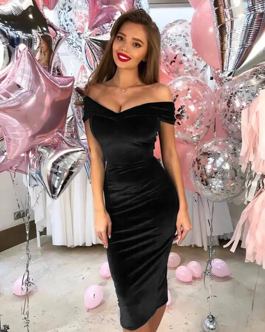 Velvet Party Evening Dress Women Sexy V-neck Off Shoulder Gown Banquet Prom Dresses Streetwear Vestidos Woman Clothing Traf