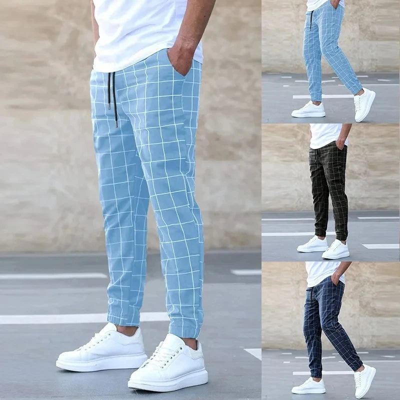 New Fashion Men Pants Mid Waist Slims Fit Male Sweatpants Plaid Checkered Side Stripe Trousers Summer Work Casual Pants