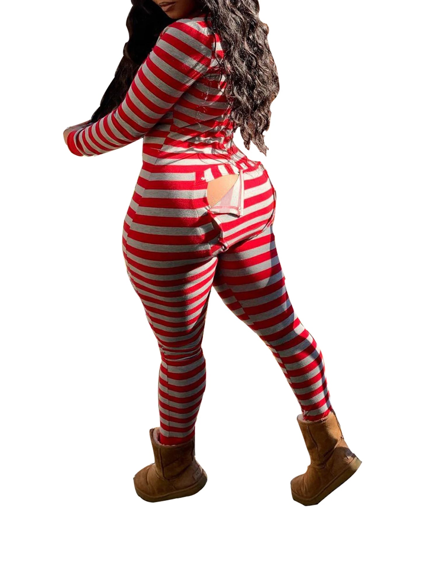 Women Sexy Bodycon Butt flap Pajamas Tight Jumpsuits Solid Color Long Sleeve V-neck Stretch Full Length Rompers Overall Clothing