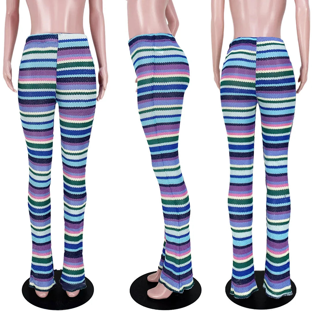 Leosoxs Colorful Striped Women Flare Pants Knitted Elastic Waist Skinny New Summer Trendy Y2K Streetwear Daily Wild Bottoms