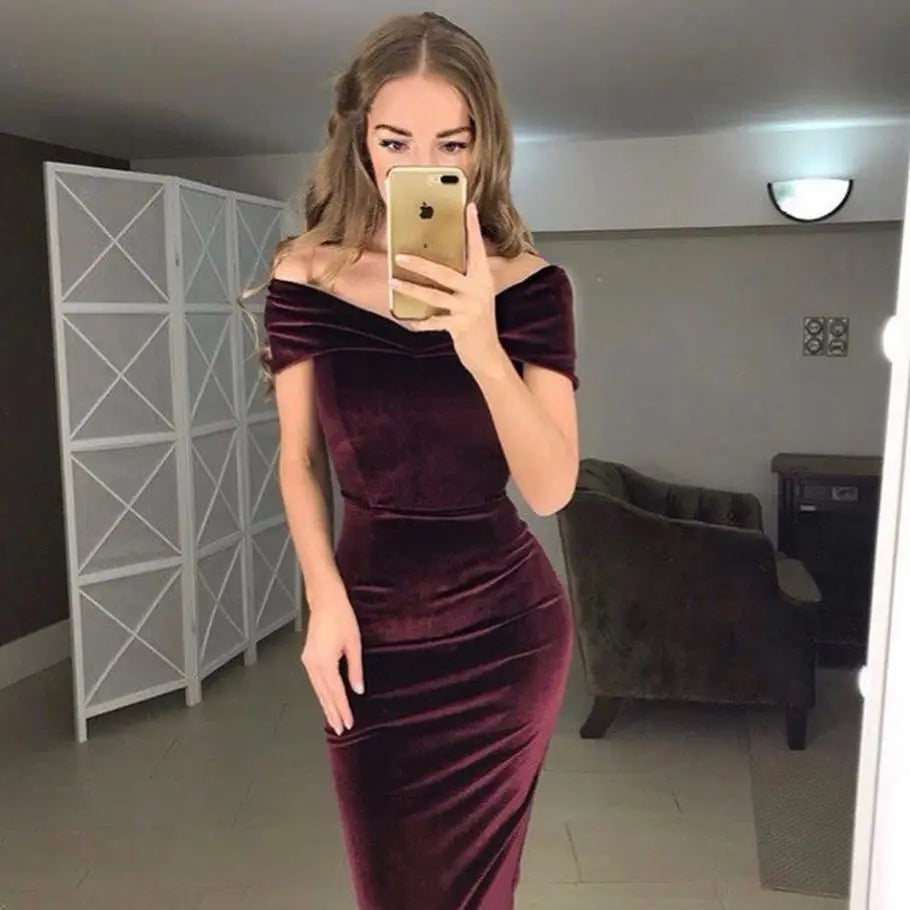 Velvet Party Evening Dress Women Sexy V-neck Off Shoulder Gown Banquet Prom Dresses Streetwear Vestidos Woman Clothing Traf