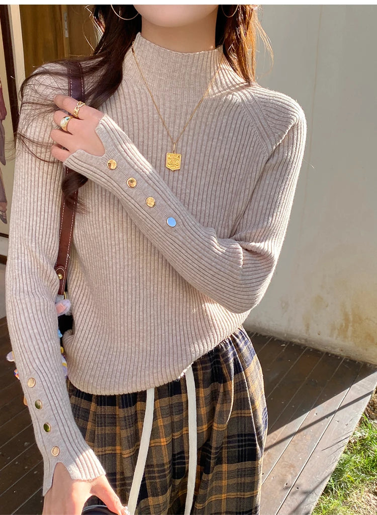 Autumn Winter Sweater Women Pullovers Long Sleeve Tops Clothes Slim Knit Soft Jumper Streetwear Button Turtleneck Sweater