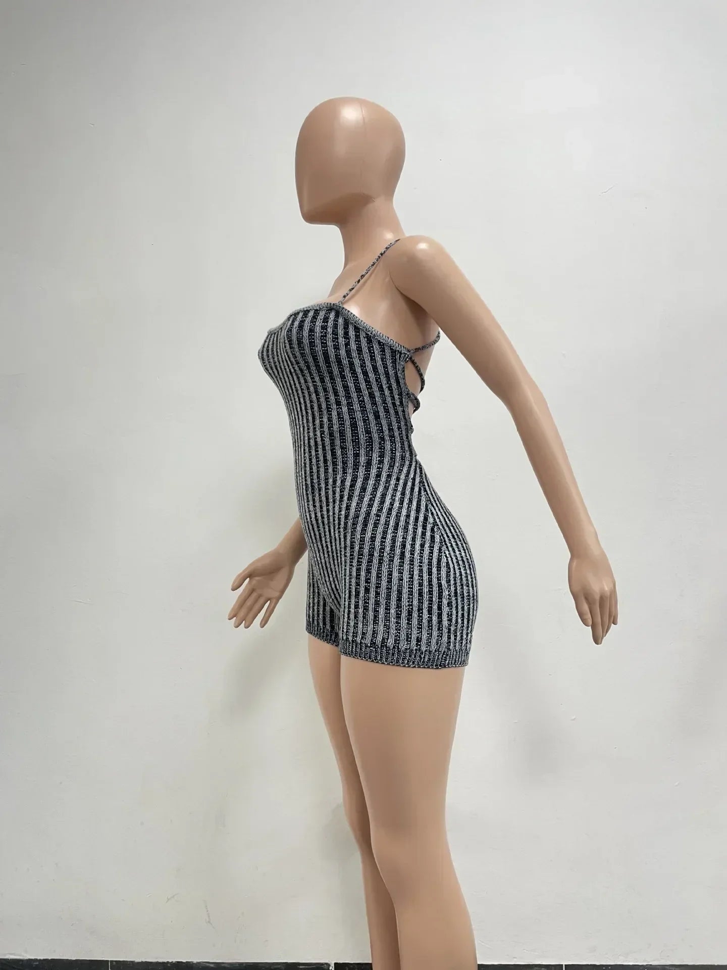 Sexy Backless Rompers Shorts Knitted Striped Jumpsuits Women Elegant Luxury Bodycon Sexy One Piece Knitwear Jumpsuit