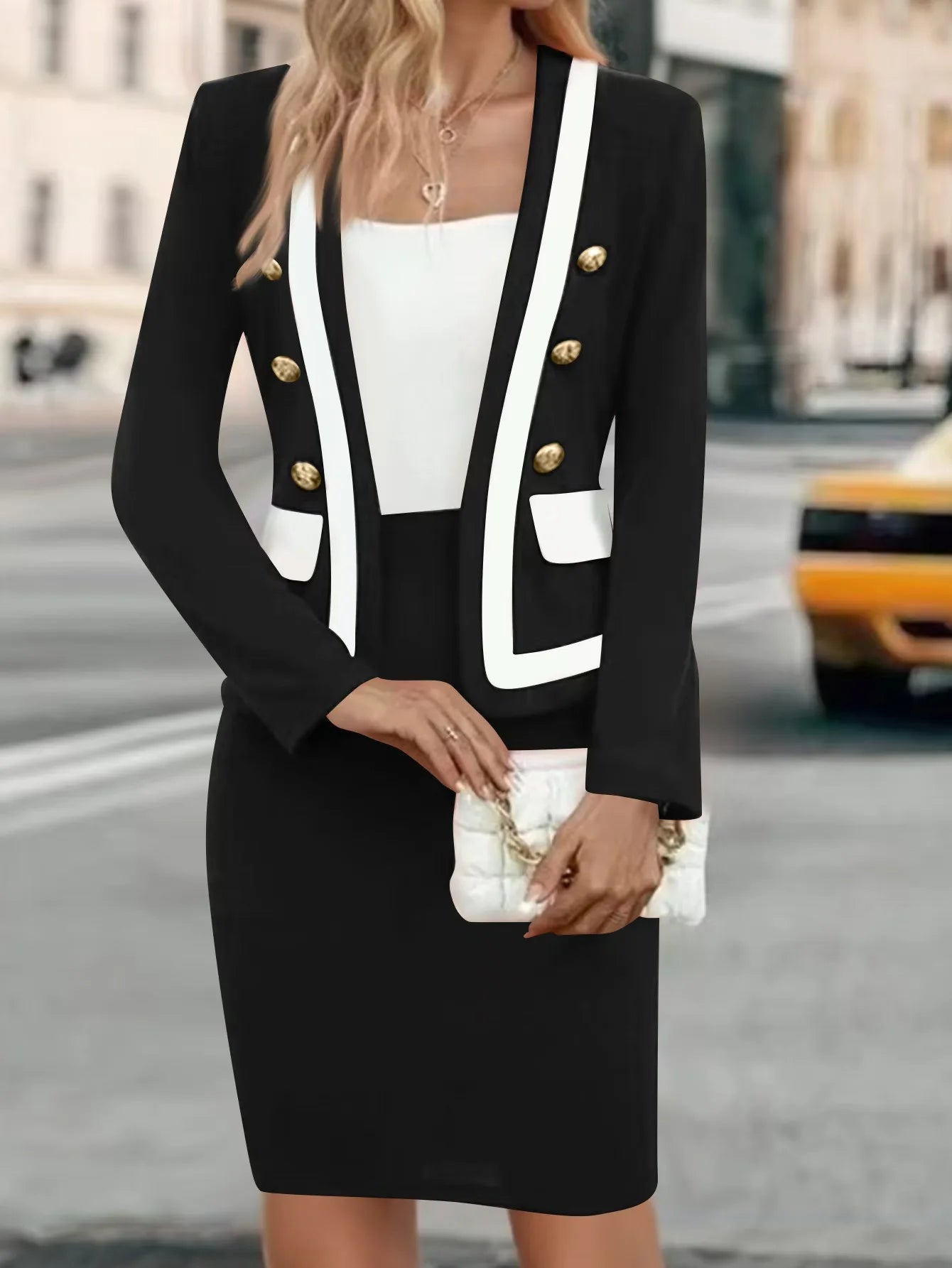 Spring Women's Slim Office Two Piece Solid Matching Long Sleeve Suit Skirt Fashion Slim Fit Bag Hip Elegant Female Office Skirt