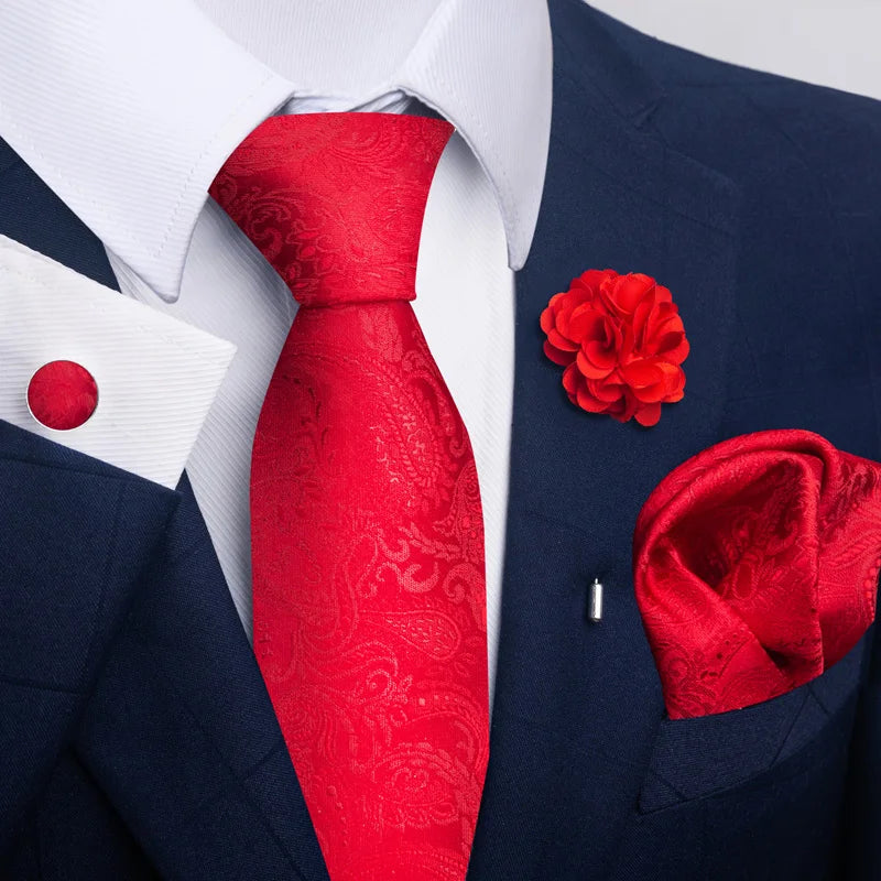 Luxury Mens Ties Floral Black Gold Ties Paisley NeckTie Pocket Square Cufflinks Brooch Set Men's Wedding Party Tie