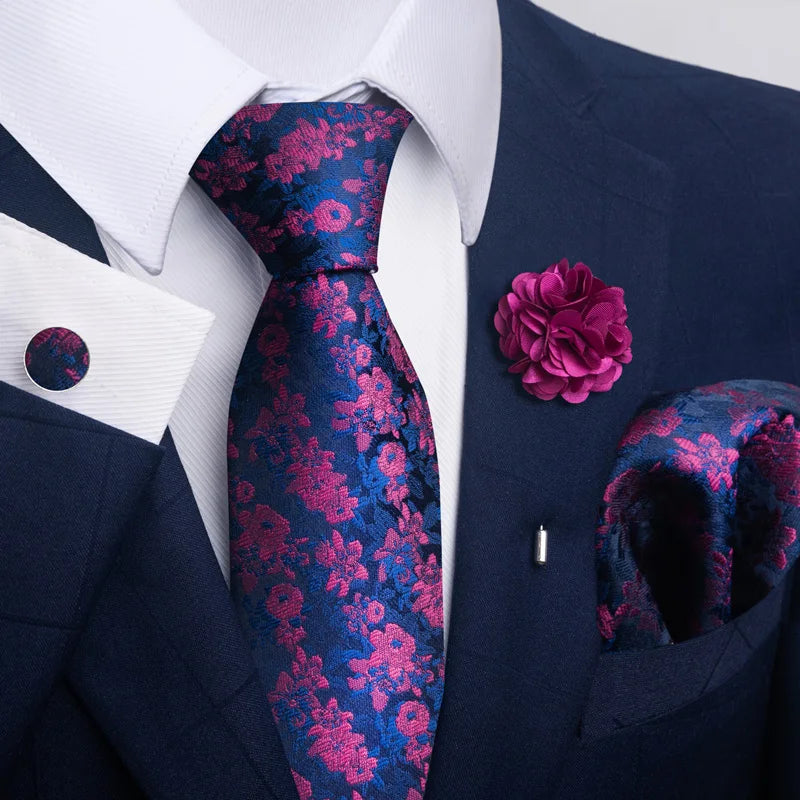 Luxury Mens Ties Floral Black Gold Ties Paisley NeckTie Pocket Square Cufflinks Brooch Set Men's Wedding Party Tie