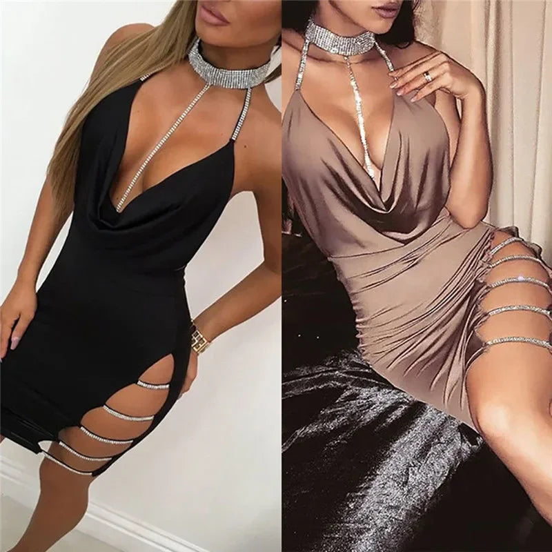 Sexy Deep V Neck Low-cut Side Split Silver Collar Bodycon Dress