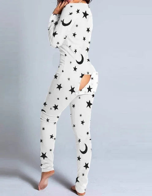 Jumpsuit Women Autumn Fashion Button Flip Adult Pajamas Printed Christmas Long Sleeved V-neck Casual Home Long Jumpsuit