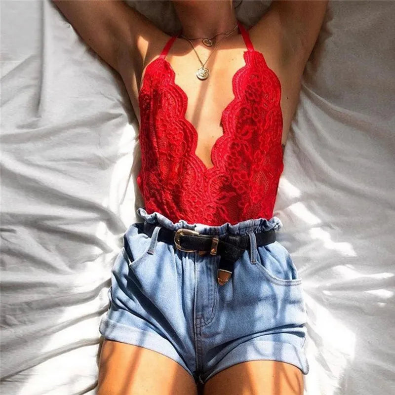 Women Sexy Backless Bodysuit Sleeveless Sexy Bodycon Tops Street Slim Fit Pantyhose Leotard Lace V-neck For Women ClubWear
