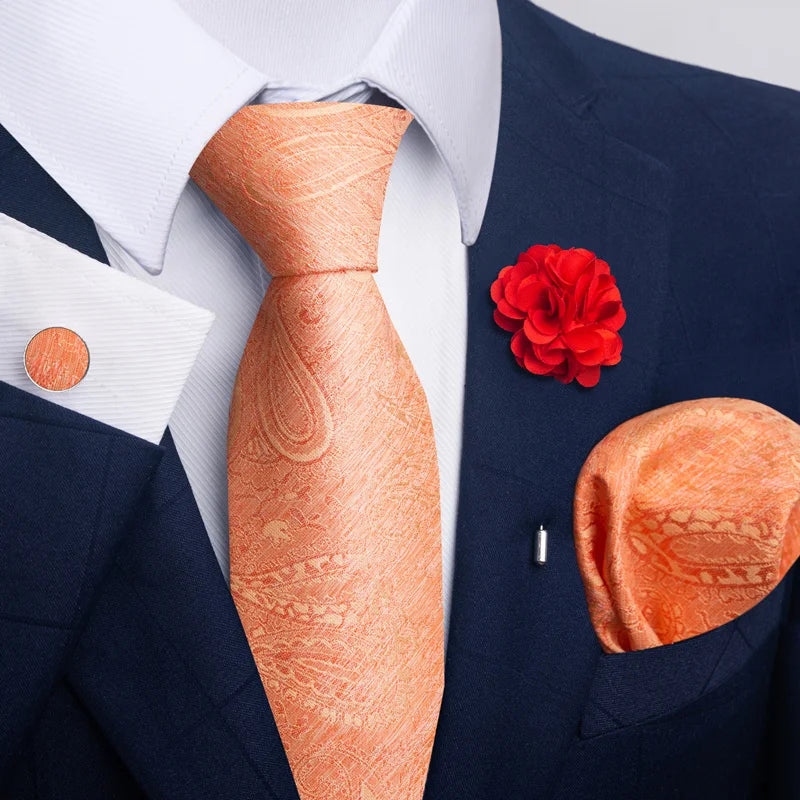 Luxury Mens Ties Floral Black Gold Ties Paisley NeckTie Pocket Square Cufflinks Brooch Set Men's Wedding Party Tie