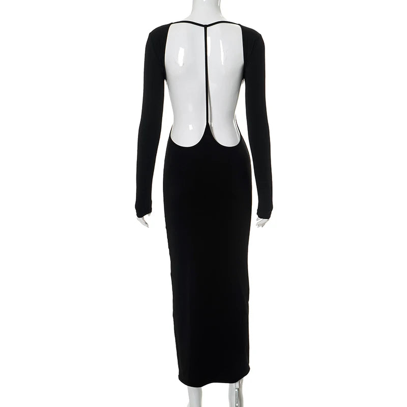 CUTENOVA Summer Solid Color Dress With Long Sleeve Sexy Backless Slim Skinny Long Dress Evening Party Club Women Sexy Wear Outfi
