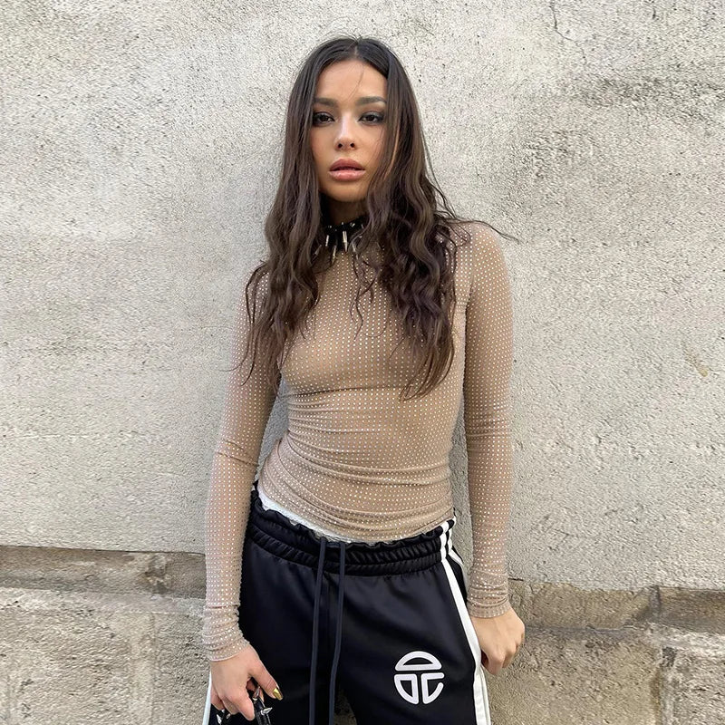 Vibrant Glitter Mesh Crew Neck Long Sleeve T-Shirt - Sparkling Fashion Top for Women, Casual Spring and Fall Wear, Comfortable R