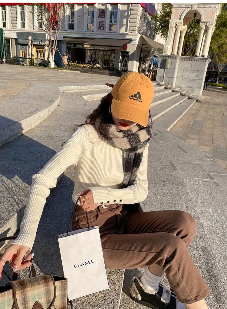 Autumn Winter Sweater Women Pullovers Long Sleeve Tops Clothes Slim Knit Soft Jumper Streetwear Button Turtleneck Sweater