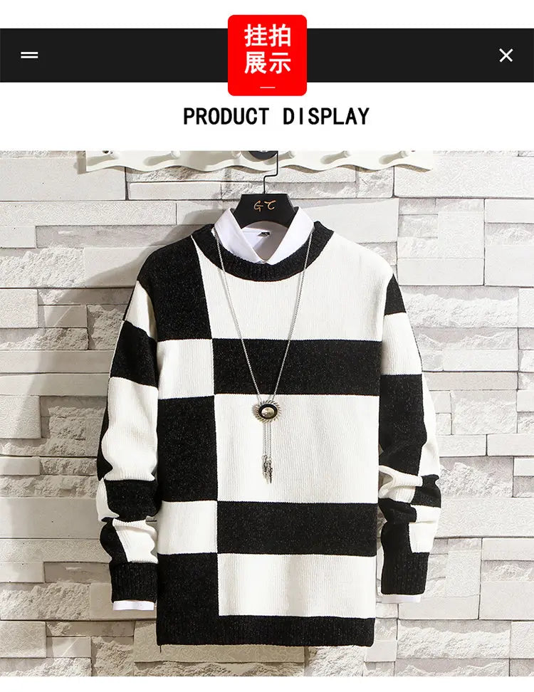 Men's Fashion Long Sleeve Round Neck Black and White Striped Chenille Sweater Autumn/winter Comfort Knit