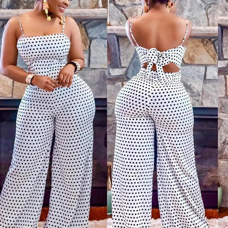 Women Jumpsuits Overalls High Waist Dot Wide Leg Pants High Street Casual Flat Sexy Backless Wrapping Breast Autumn