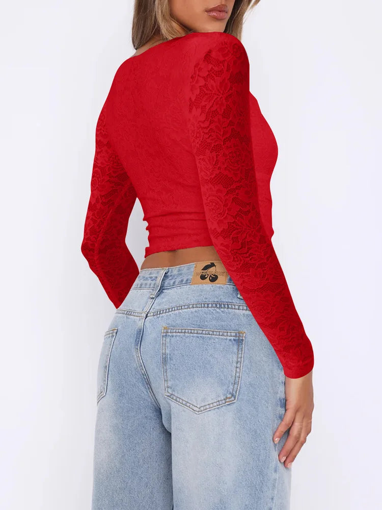 Sexy Deep V Hollow Out Lace Pullover Top For Women,Long Sleeve Shirts & Blouses,Women's Blouses Trend,Womens Tops And Blous