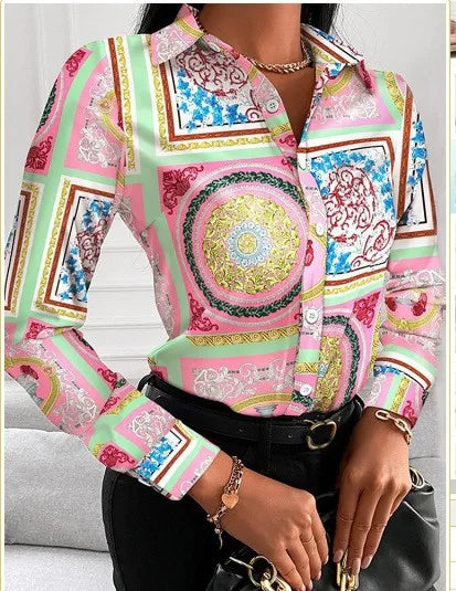 Elegant Office Ladies Turn Down Colar Blouseshirt Women Vintage Popular Printing Slim Shirts Autumn Fashion Long Sleeve Tops