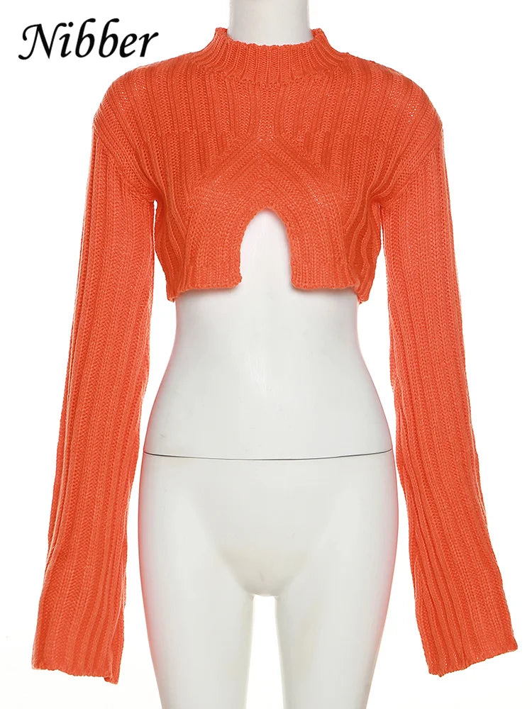 Nibber Autumn Solid Color Pullovers Clother For Women O-neck Midriff-baring Long-sleveed All-match Sweater Streetwear Travel