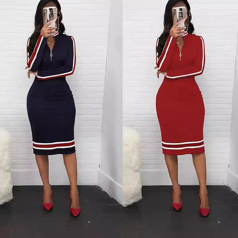 Women's Retro Long Sleeve Zipper Stitching Dress