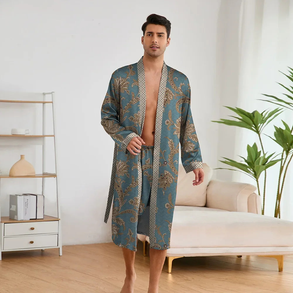 Spring Summer New Men Pajama 2PCS Robe Shorts Set Silky Satin Kimono Bathrobe Pants Lingerie Home Clothing Loungewear
