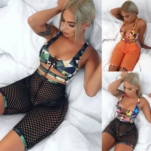 Women Colorful Bathing Suit, Three-piece Bandage Swimsuit, Tops Swim Trunks Net Pants Set Beachwear, Summer Seaside Bikinis