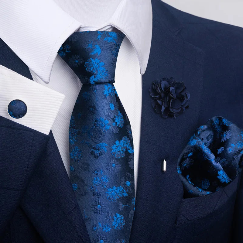 Luxury Mens Ties Floral Black Gold Ties Paisley NeckTie Pocket Square Cufflinks Brooch Set Men's Wedding Party Tie