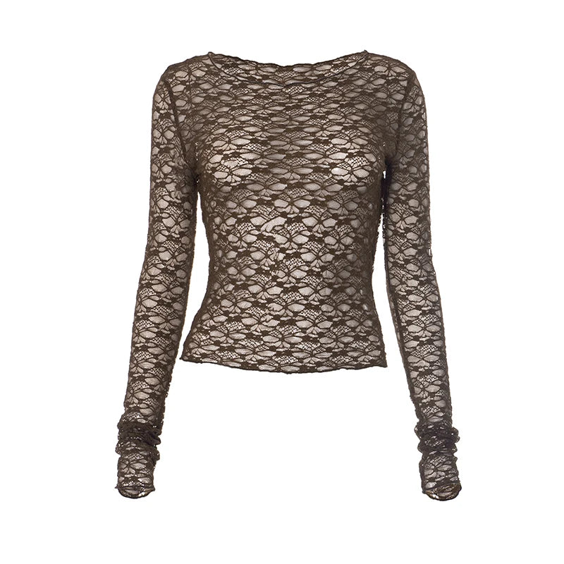 CUTENOVA Lace Women'S Tops Hollow Out Basic Casual Elegant Long Sleeve Tops See-Through Party For Sexy Lady Fashion Street Tops