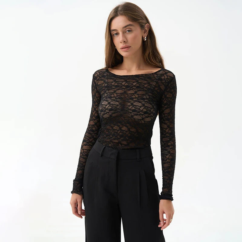CUTENOVA Lace Women'S Tops Hollow Out Basic Casual Elegant Long Sleeve Tops See-Through Party For Sexy Lady Fashion Street Tops