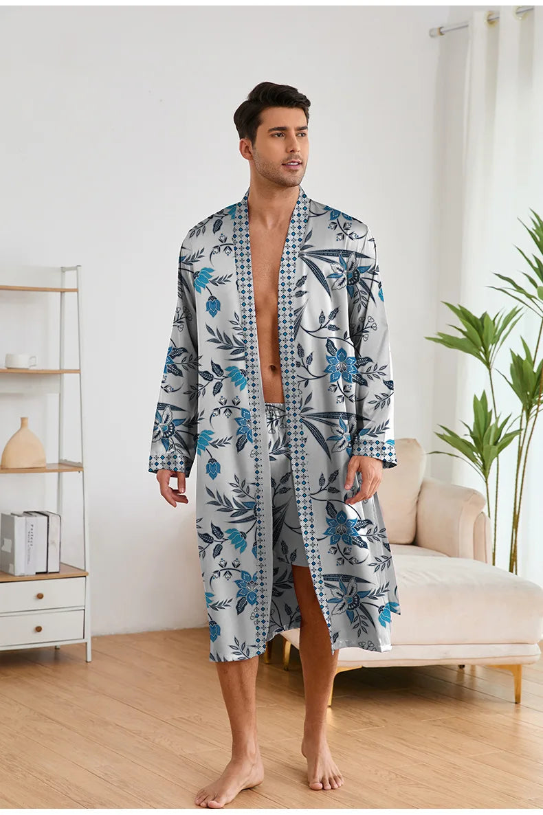 Spring Summer New Men Pajama 2PCS Robe Shorts Set Silky Satin Kimono Bathrobe Pants Lingerie Home Clothing Loungewear