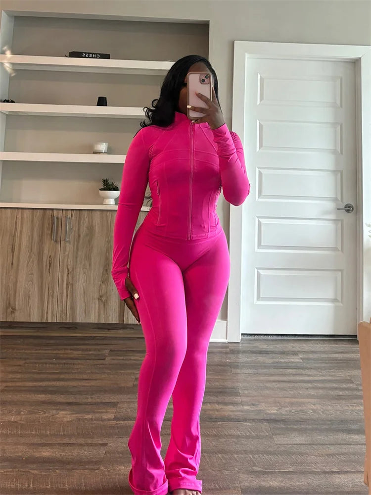 Autumn And Winter New Long Sleeves Zipper Crop top Suits Tracksuits Women's Suits Fashion Pants Female Soild 2 Piece Sets