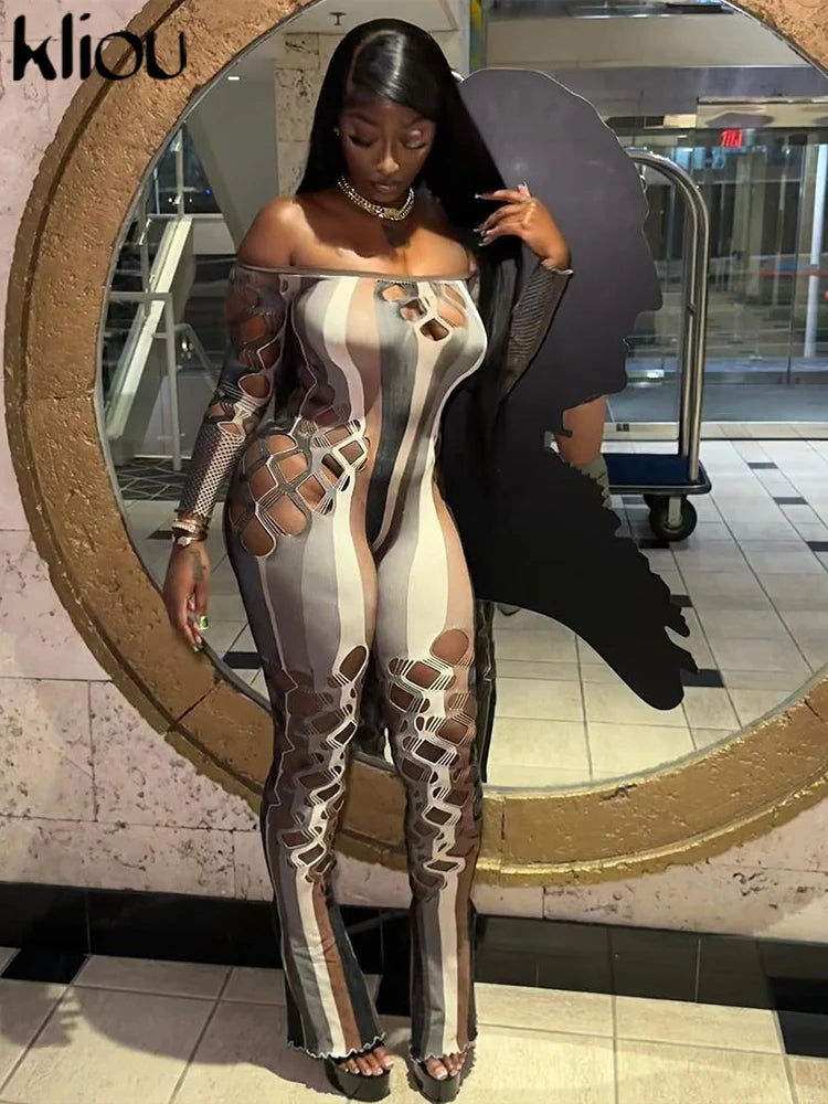 kliou Mesh Stripe Women Jumpsuits Hipster Sexy Thin See Through Off Shoulder Hollow Sheath Overalls Female Attractive One Piece