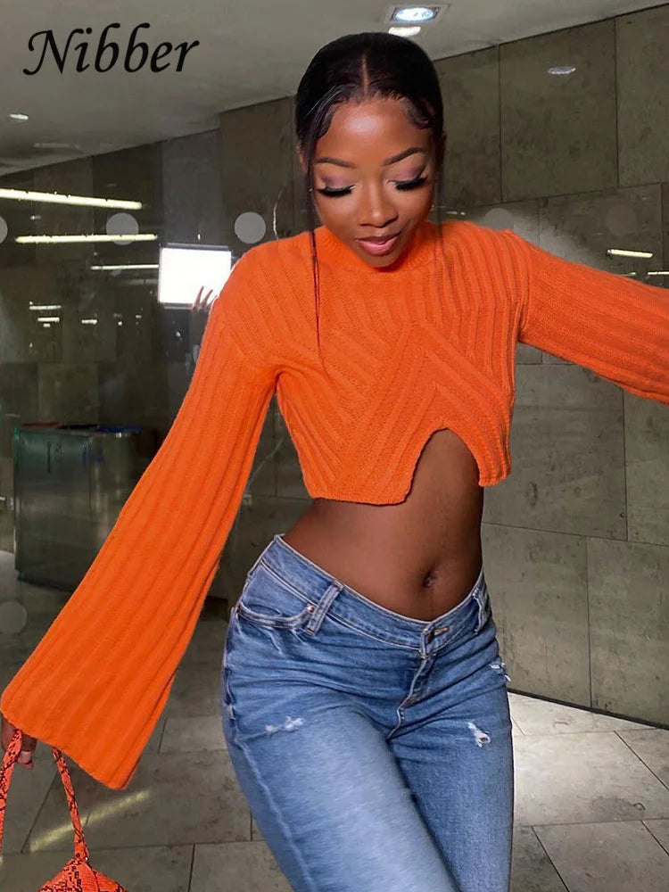 Nibber Autumn Solid Color Pullovers Clother For Women O-neck Midriff-baring Long-sleveed All-match Sweater Streetwear Travel