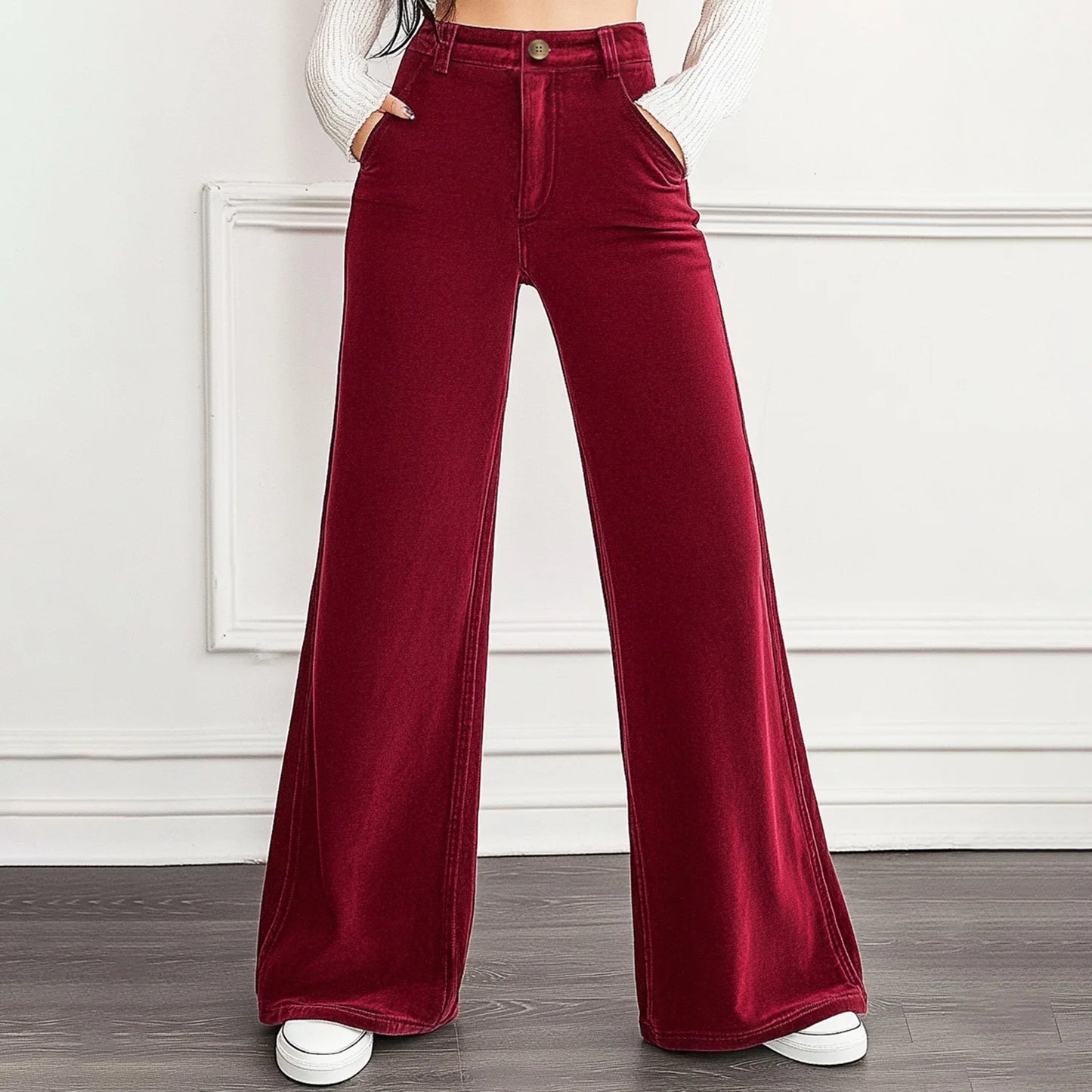 Mia Muse Women's Pants Autumn French Plain Natural Waist Full Length Wide Leg Casual Pants