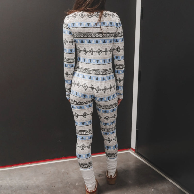 Women's Christmas Pajamas Romper Long Sleeve Zip Up Jumpsuit Button Bodycon Bodysuit Snowflake Plaid Print Loungewear