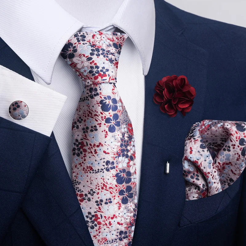 Luxury Mens Ties Floral Black Gold Ties Paisley NeckTie Pocket Square Cufflinks Brooch Set Men's Wedding Party Tie