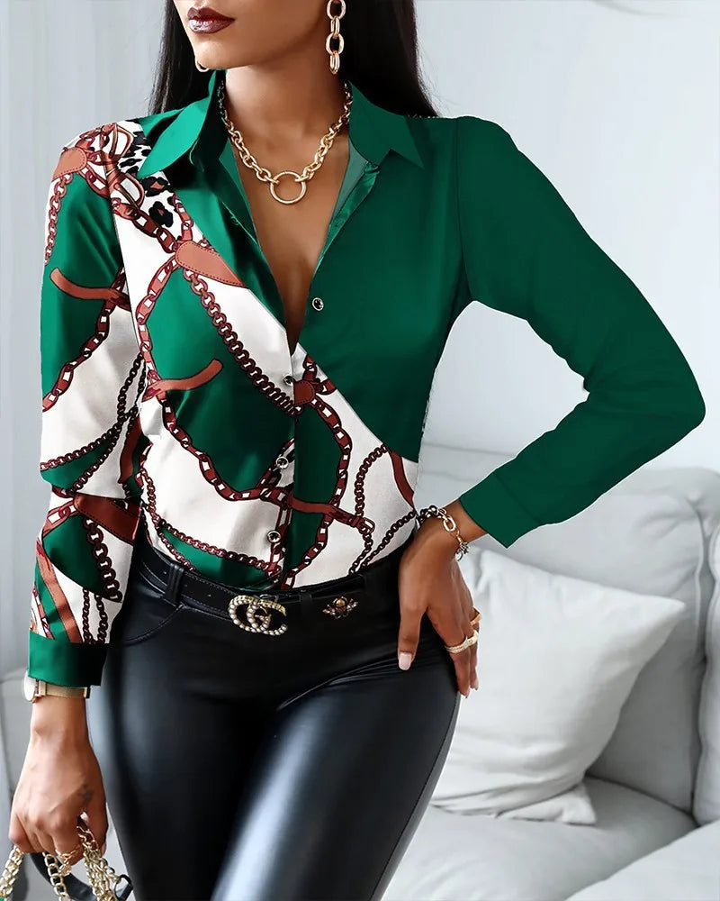 Elegant Office Ladies Turn Down Colar Blouseshirt Women Vintage Popular Printing Slim Shirts Autumn Fashion Long Sleeve Tops