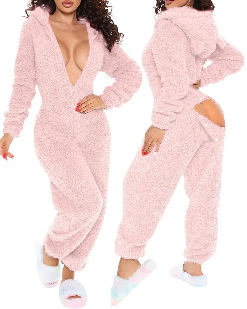 Women Plush Velvet Hooded Jumpsuits Button Open Butt Fluffy Hoodies Bodysuits Casual Playsuits Tracksuits One-piece Overalls 2XL