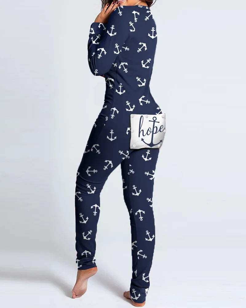 Women's Pajamas Christmas Printed Sexy Jumpsuit Fashion Casual Button Front Bottom Rear Hip Opening Flip Jumpsuits