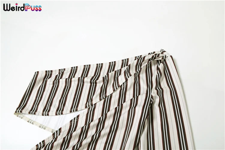 Weird Puss Sexy Hollow Jumpsuit Women Ruched Irregular Hipster Club Stripe Print Full Sleeve Midnight Activity Workout Overalls