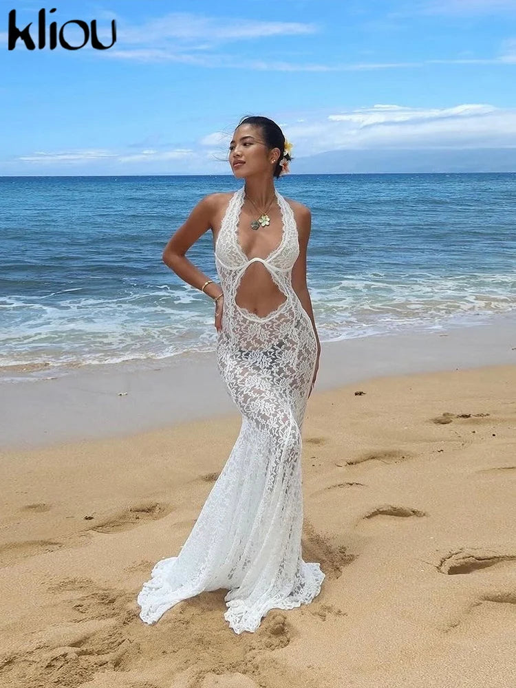 kliou Lace Halter Long Dress Women Summer Coquette Transparent Hollow Deep V-neck Ruched Trim Sheath Robe Midnight Club Vestidos