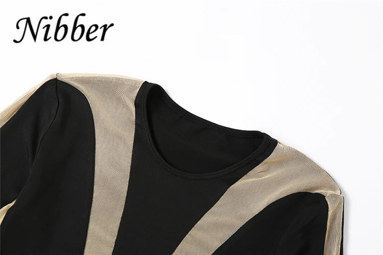 Nibber Sexy Patchwork Bodysuit Women Mesh Hollow Autumn Fashion Tight-Fitting Long-Sleeve Skinny Stretch Basic One-Piece Top