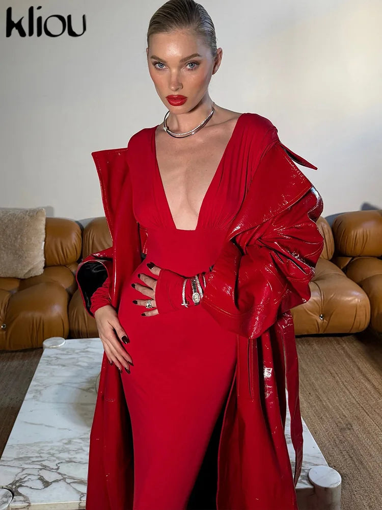 kliou Pleated Elegant Women Maxi Dress Fashion Solid Concise Deep V-neck Full Sleeve Sheath Robe Lady High Street Evening Frock