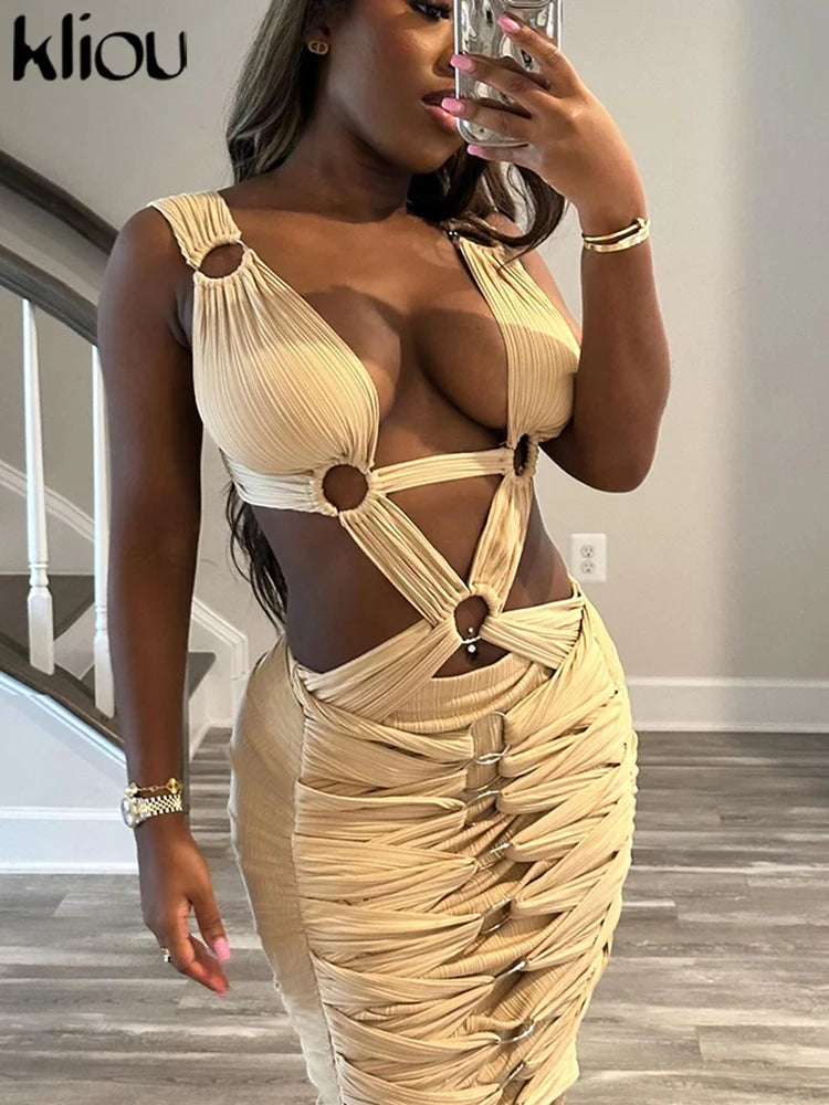 kliou Woven Shirring Women Long Dresses Solid Sexy Elegant Deep V-neck Hollow Stunning Bodycon Mujer High Street Party Vestidos