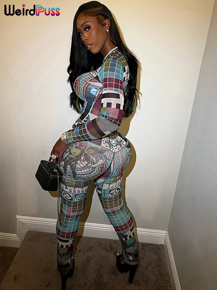Weird Puss Pixel Print Women 2 Piece Set Tracksuit Colorful Full Sleeve Crop Tops+Leggings Stretch Matching Streetwear Outfits