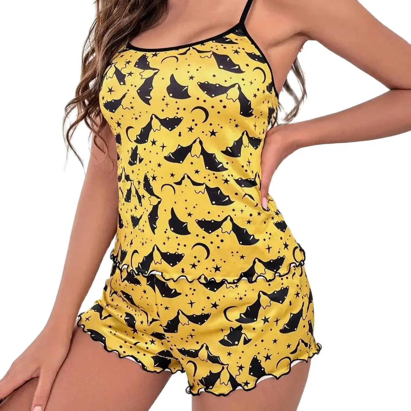 Bat Print Pajama Set Crew Neck Camisole Top & Lettuce Trim Shorts Women's Summer Sleepwear Soft Loungewear Lovely Nightwear
