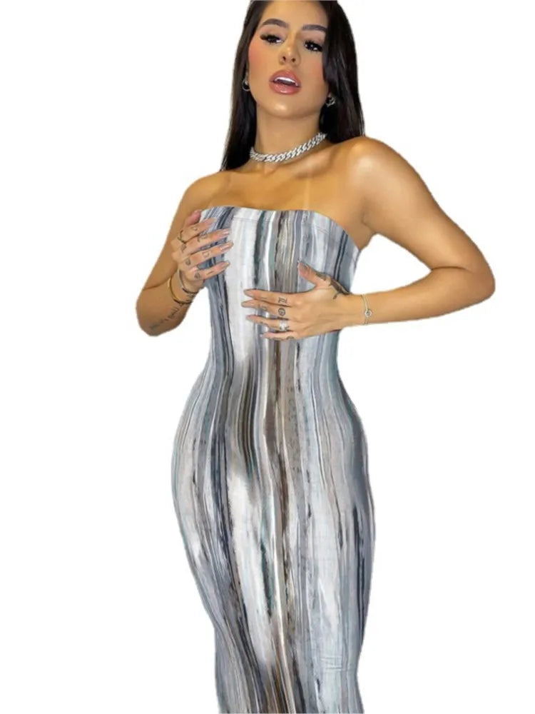 Spring And Summer Dresses For Women Chest Wrap Printed Off Shoulder Bandage Slim Sexy Long Dress