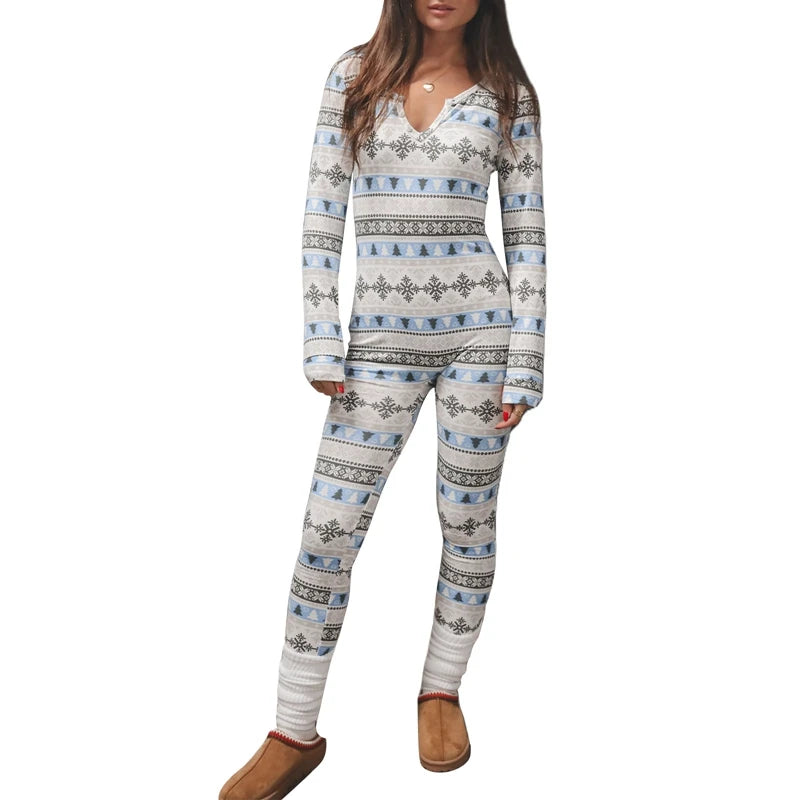 Women's Christmas Pajamas Romper Long Sleeve Zip Up Jumpsuit Button Bodycon Bodysuit Snowflake Plaid Print Loungewear