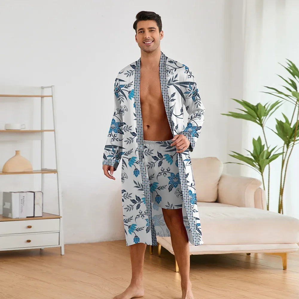 Spring Summer New Men Pajama 2PCS Robe Shorts Set Silky Satin Kimono Bathrobe Pants Lingerie Home Clothing Loungewear